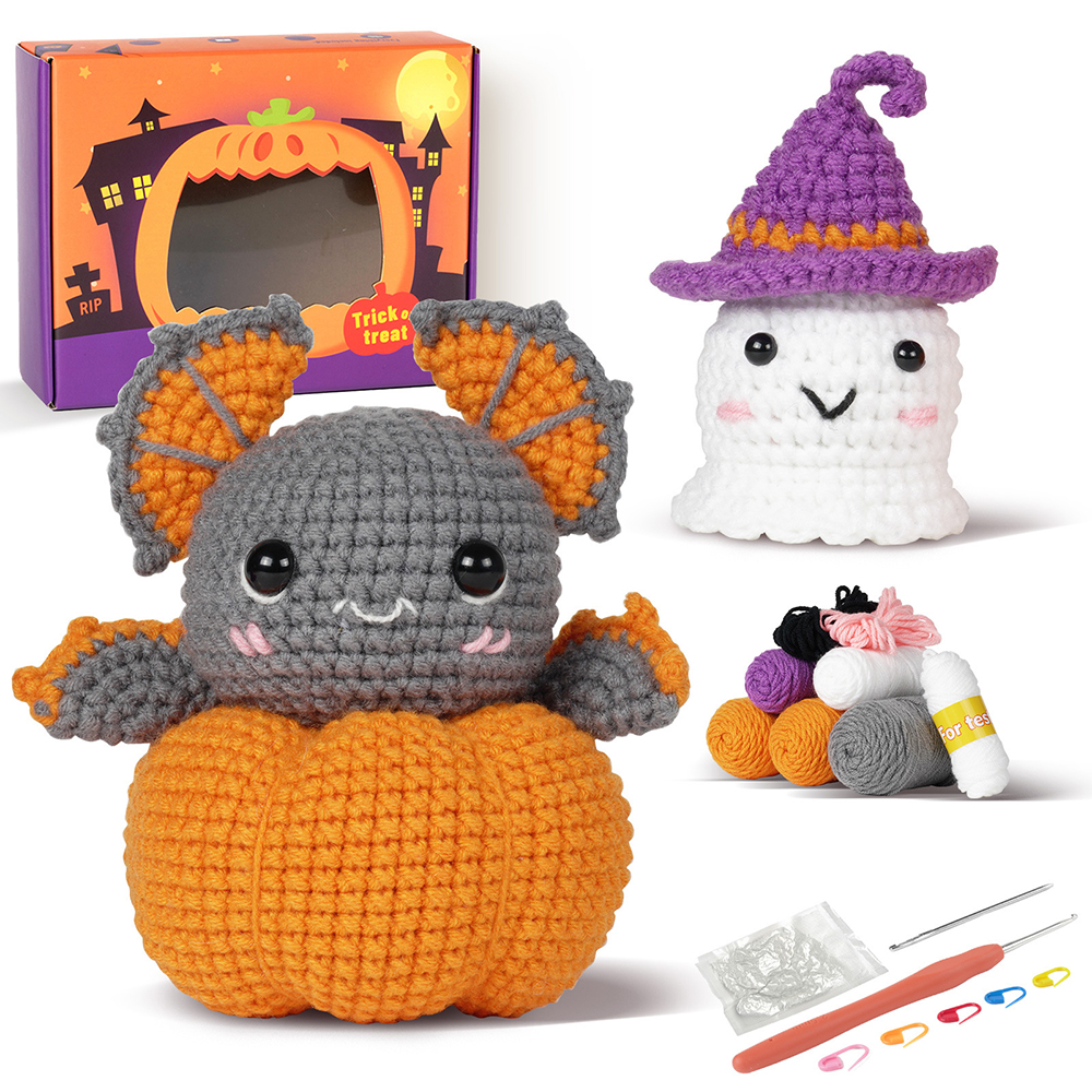 Halloween Bat Pumpkin with English Video Instructions Crochet Material Package Knitting Handmade DIY