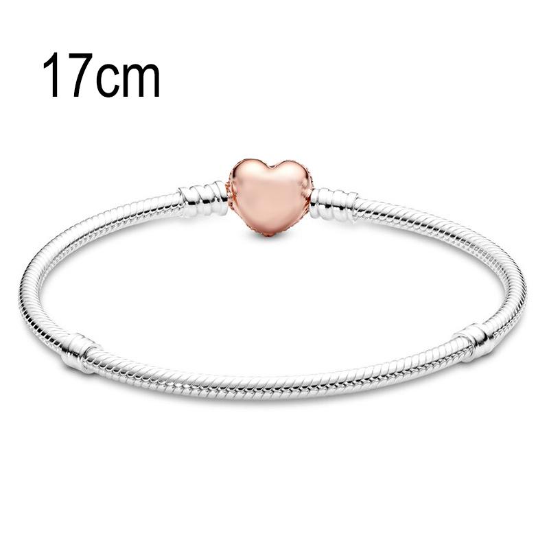 17 CM European Big Hole Beads Snake bone chain Basic Bracelets With Rose Golden Heart Clasp