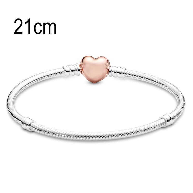 21 CM European Big Hole Beads Snake bone chain Basic Bracelets With Rose Golden Heart Clasp