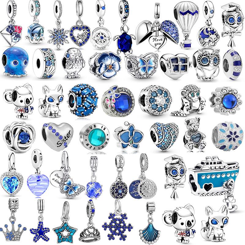 MOQ 2 pcs Blue Pansy Big Hole European Beads or Charms 45 Styles To Choose