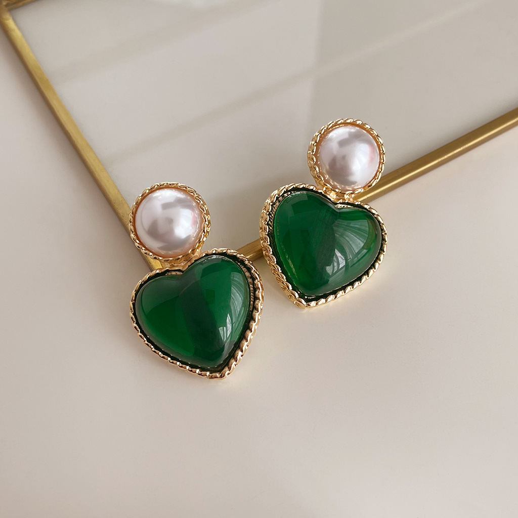 Vintage Fashion Earrings Vintage Emerald Heart-S925 Silver Needle