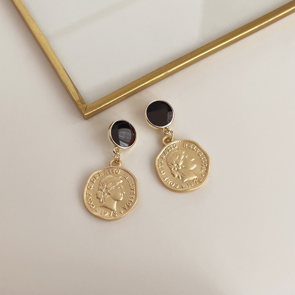 Vintage Fashion Earrings Gold Coin Portrait-S925 Silver Needle